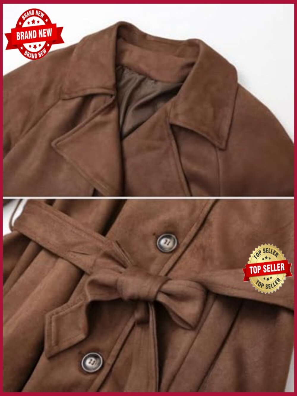 Faux Suede Open Front Long Trench Coat Double Breasted Maxi Overcoat with Belt - Picture 4 of 5
